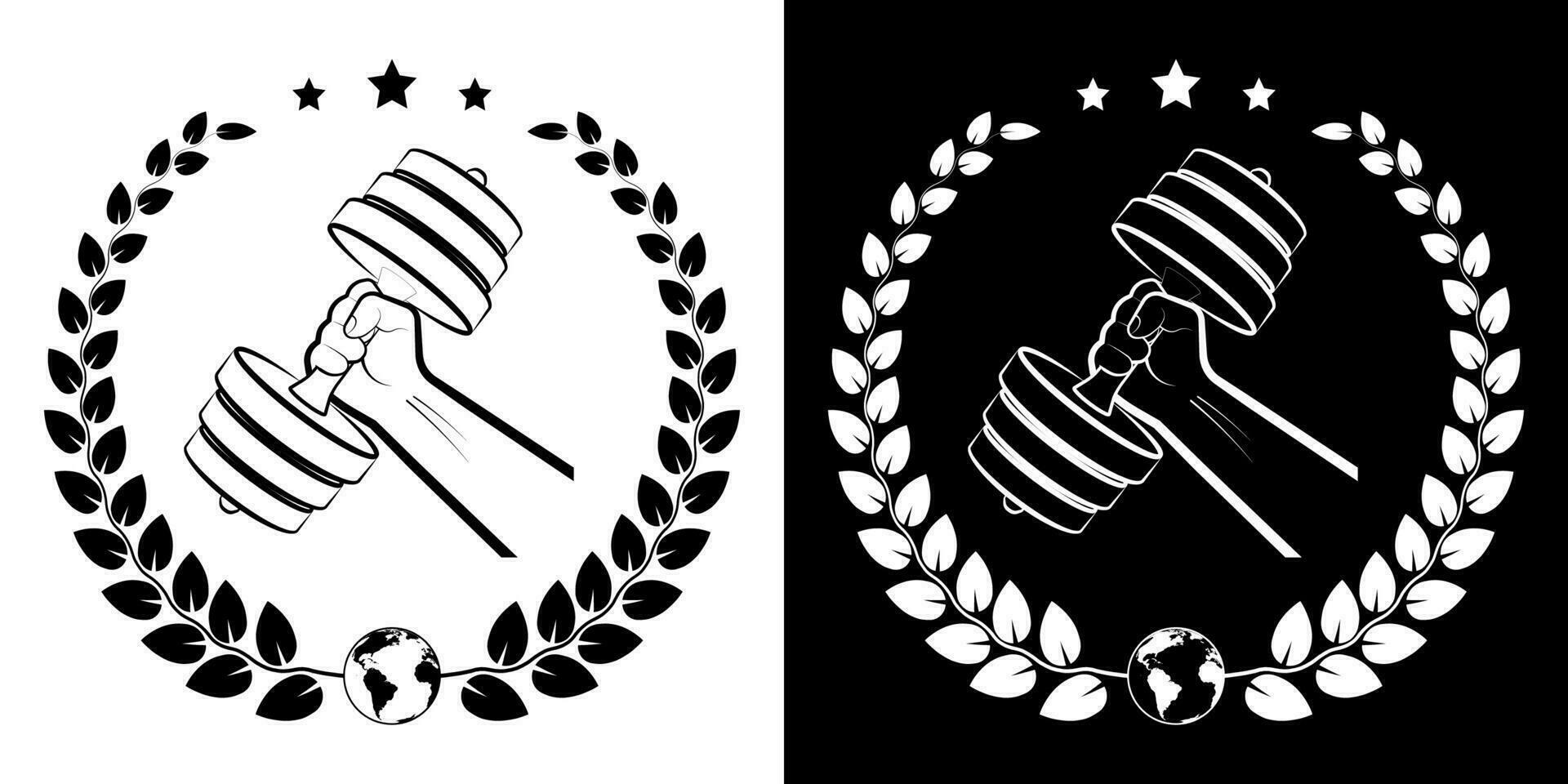 symbol, emblem strong hand of athlete and dumbbell with laurel wreath for gym competition. Sports equipment. Active lifestyle. Vector