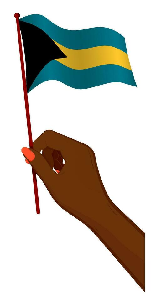 hembra mano suavemente sostiene pequeño bandera de bahamas islas fiesta diseño elemento. dibujos animados vector en blanco antecedentes