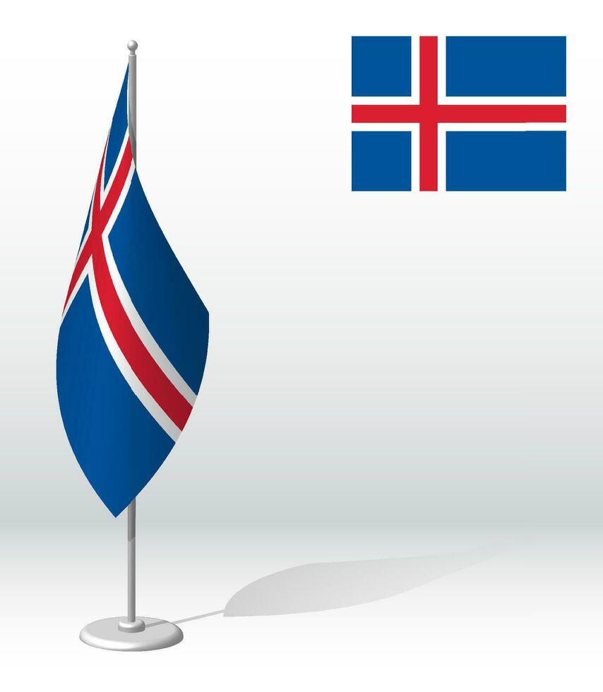 Iceland flag on flagpole for registration of solemn event, meeting foreign guests. National independence day of Iceland. Realistic 3D vector on white