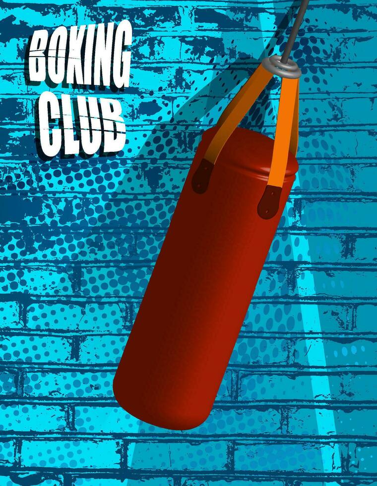 realistic red punching bag for sports training on background of brick wall with abstract blots. Boxing club poster. Training boxers in gym. 3d vector