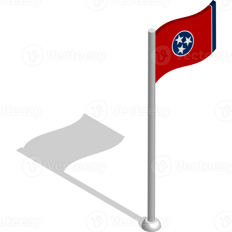 Isometric flag of american state of TENNESSEE in motion on flagpole. National banner flutters in wind. PNG image on transparent background