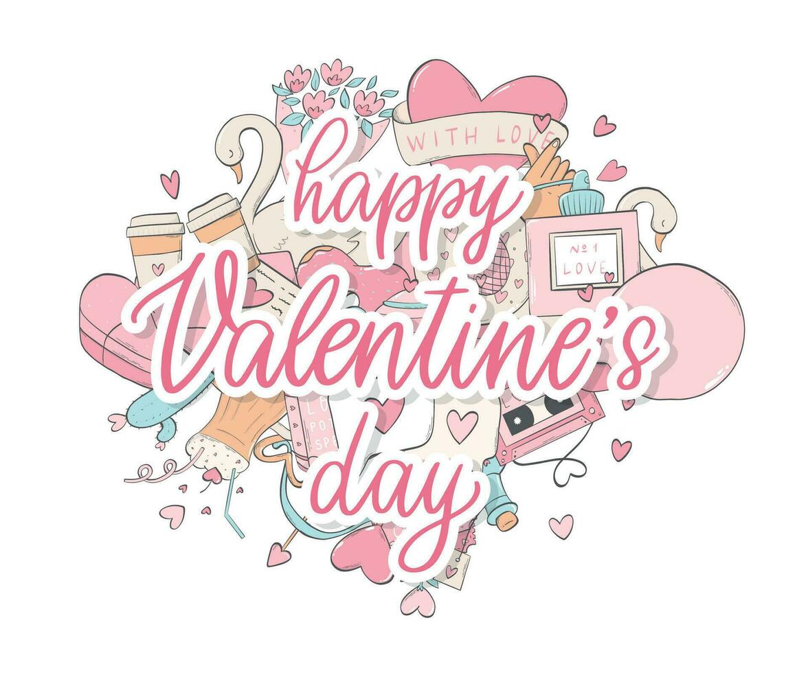 Happy Valentine's day calligraphy quote decorated with doodles on the background for greeting cards, posters, prints, banners, signs, stickers, etc. EPS 10 vector
