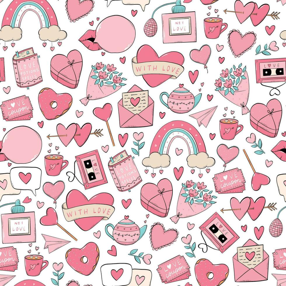 Valentine's day seamless pattern with doodles, cartoon elements for wallpaper, scrapbooking, textile prints, wrapping paper, stationary, packaging. EPS 10 vector