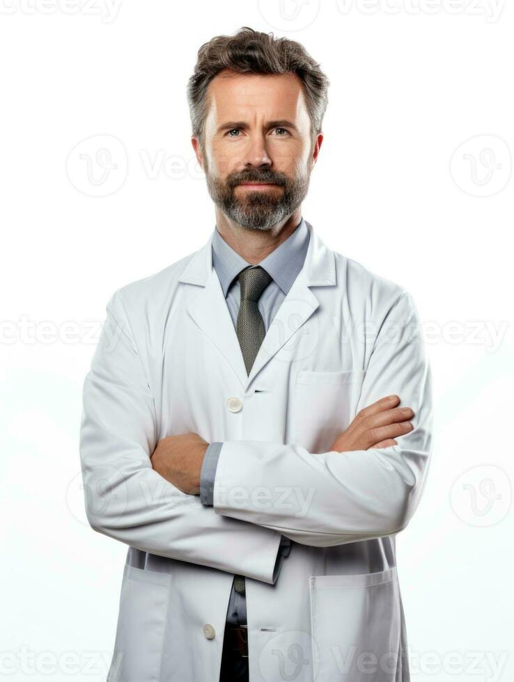 ai generado profesional farmacéutico en blanco antecedentes foto