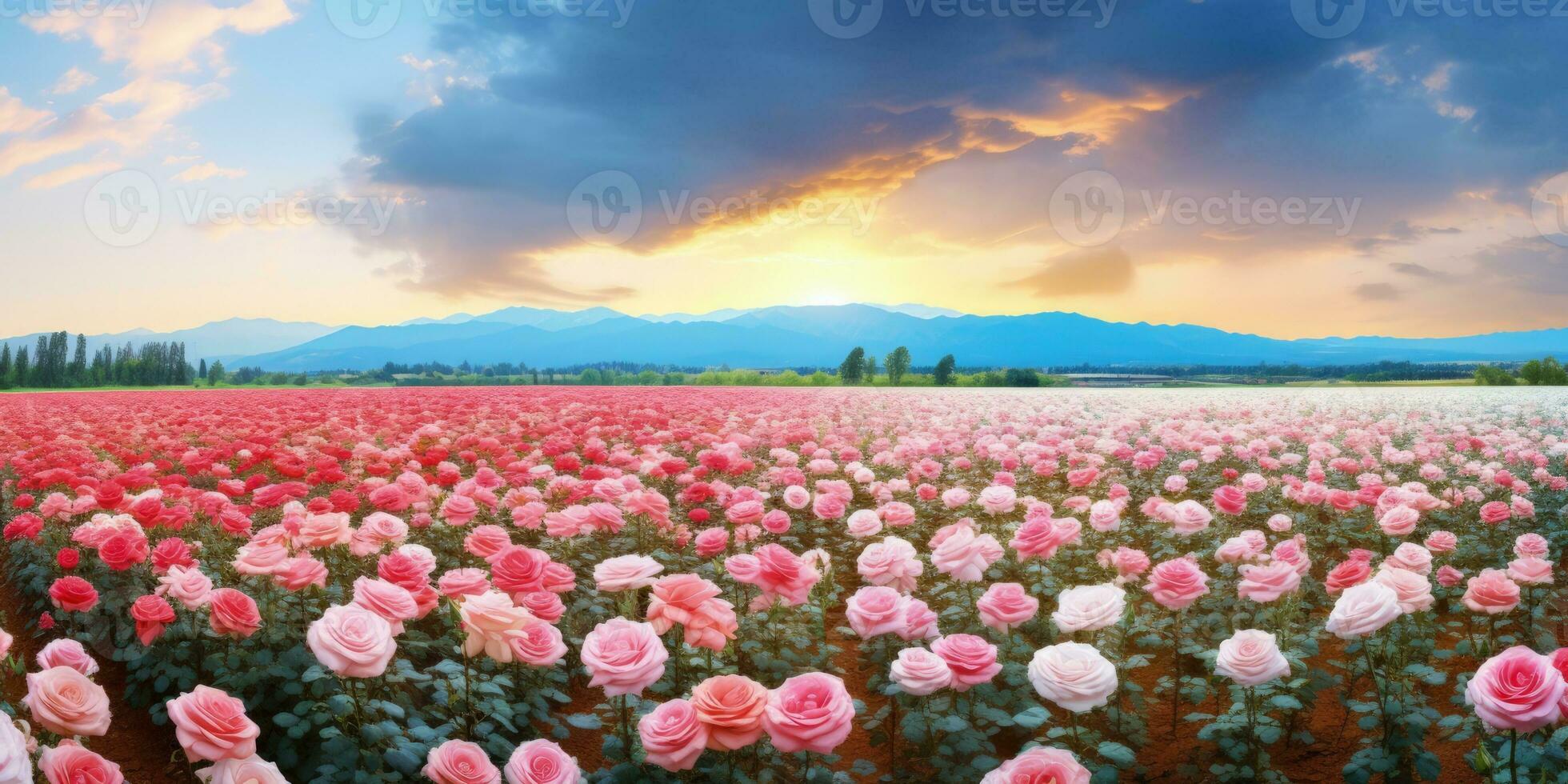 AI generated Rose field in the sunrise morning with beautiful sky photo