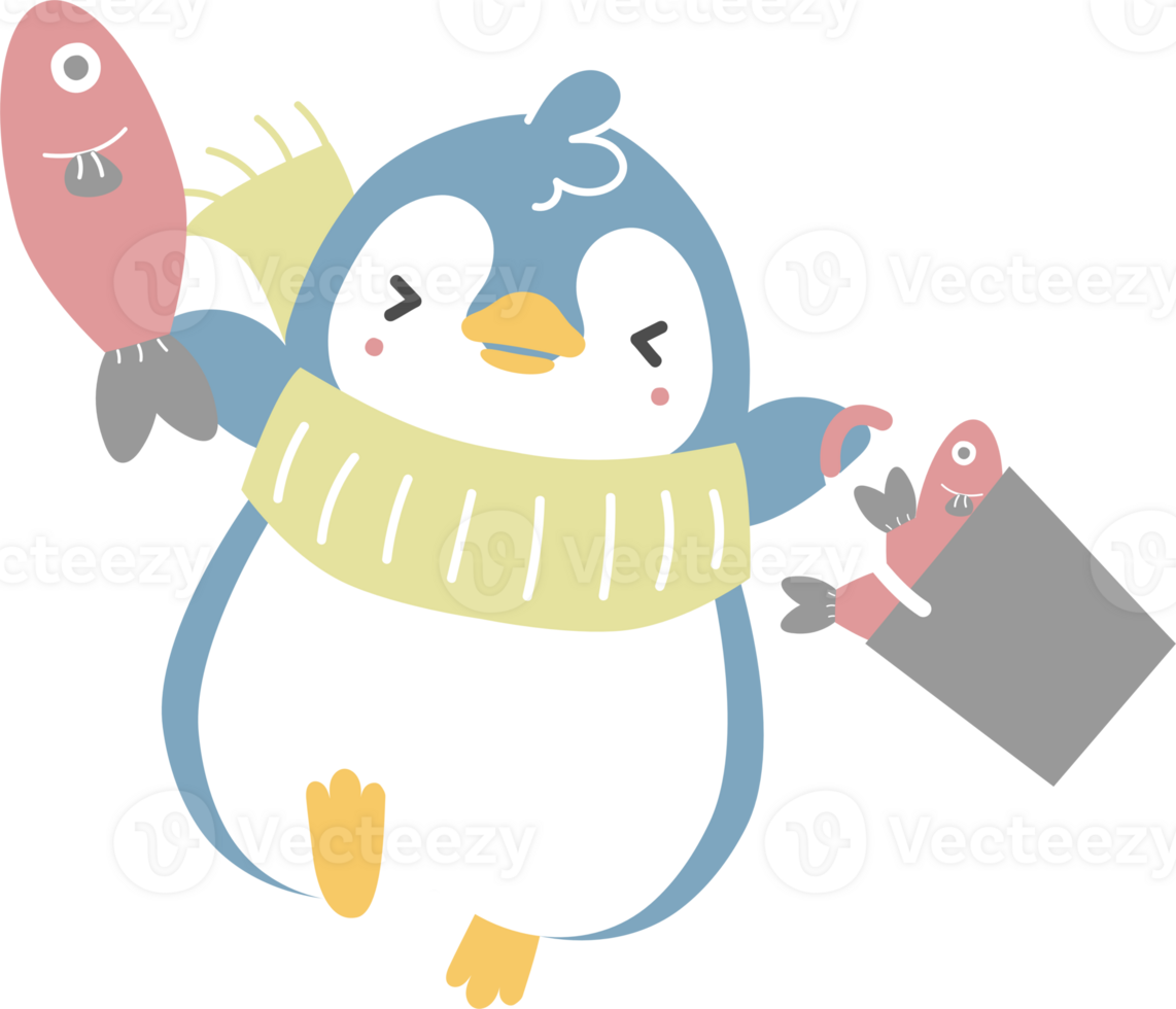 happy valentine's day with penguin and fish, love concept, flat png transparent element character design
