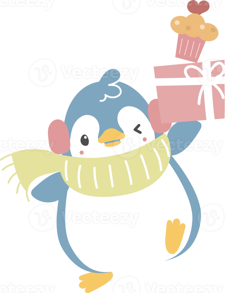 happy valentine's day with penguin, gift, cupcake and heart, love concept, flat png transparent element character design