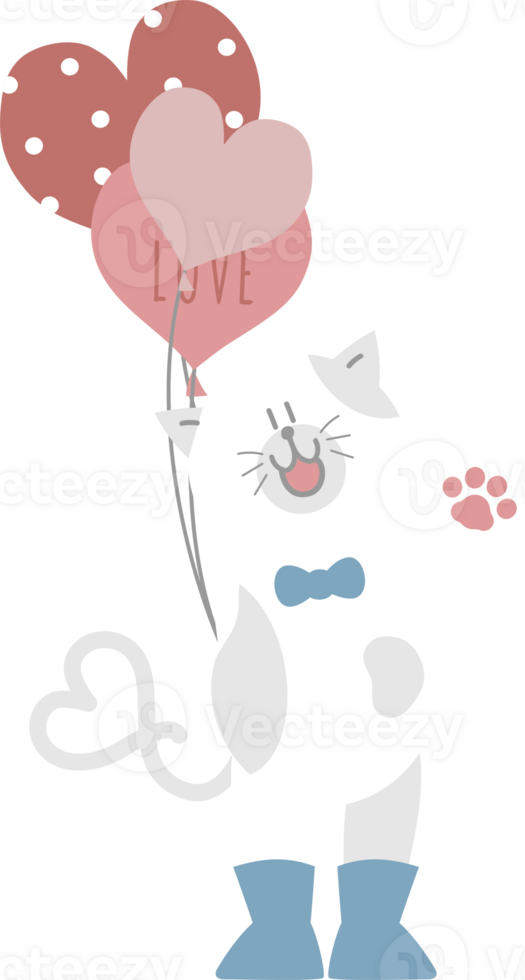 happy valentine's day with cat and heart balloon, love concept, flat png transparent element character design