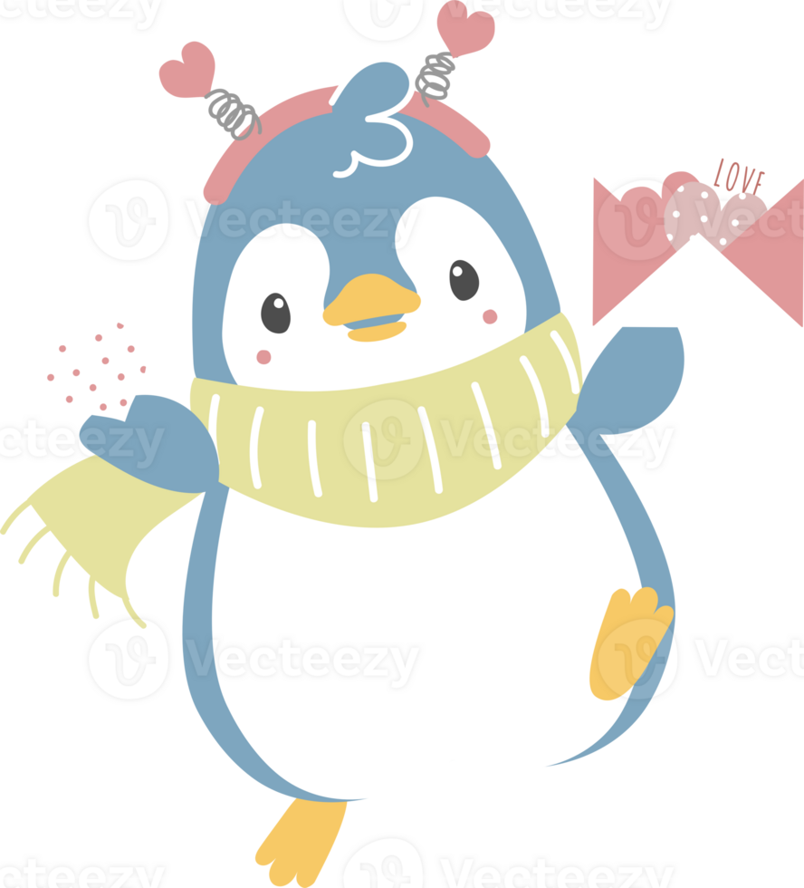 happy valentine's day with penguin, love letter and heart, love concept, flat png transparent element character design