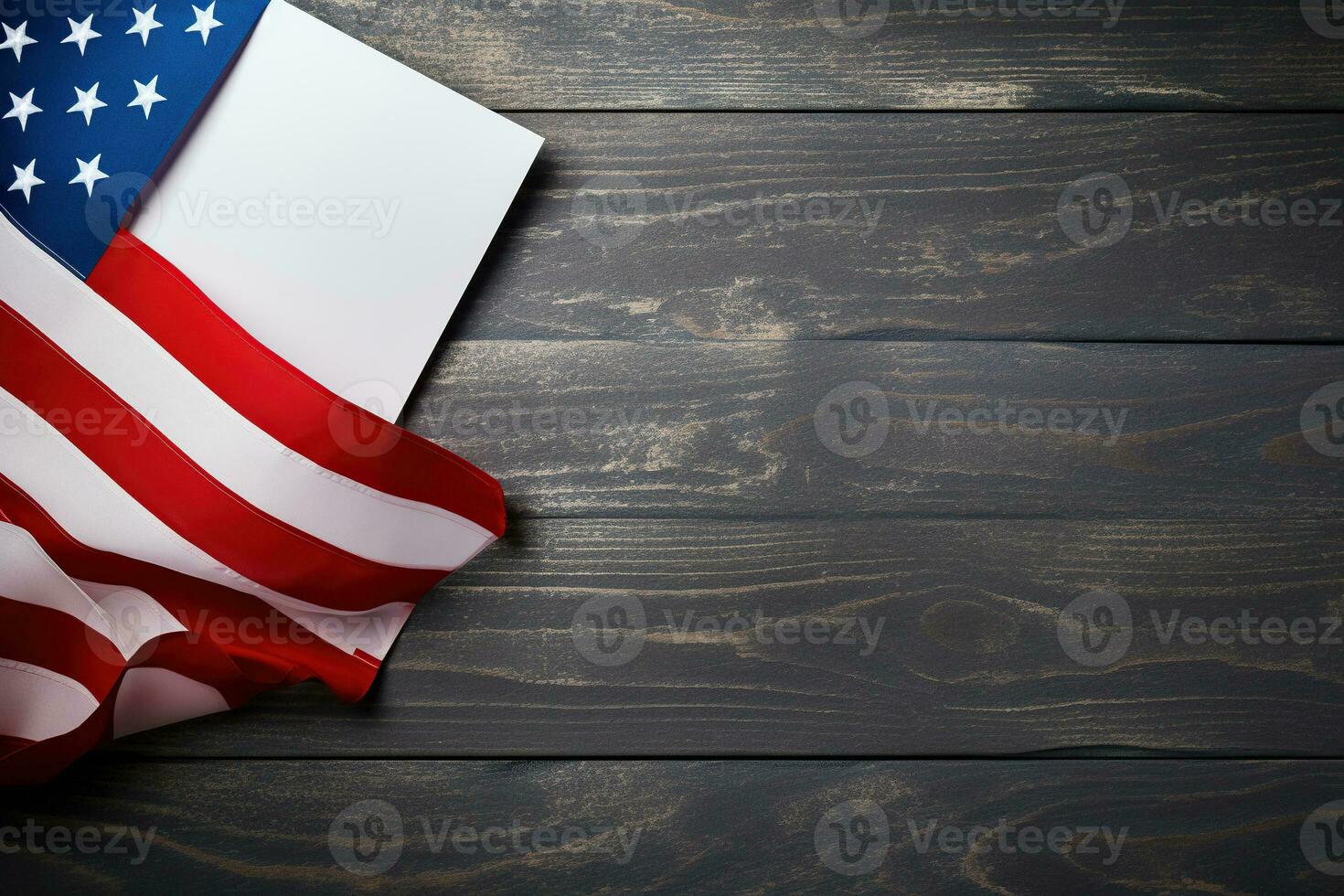 AI generated USA flag on a dark wooden table with a blank sheet of paper. Generative AI photo