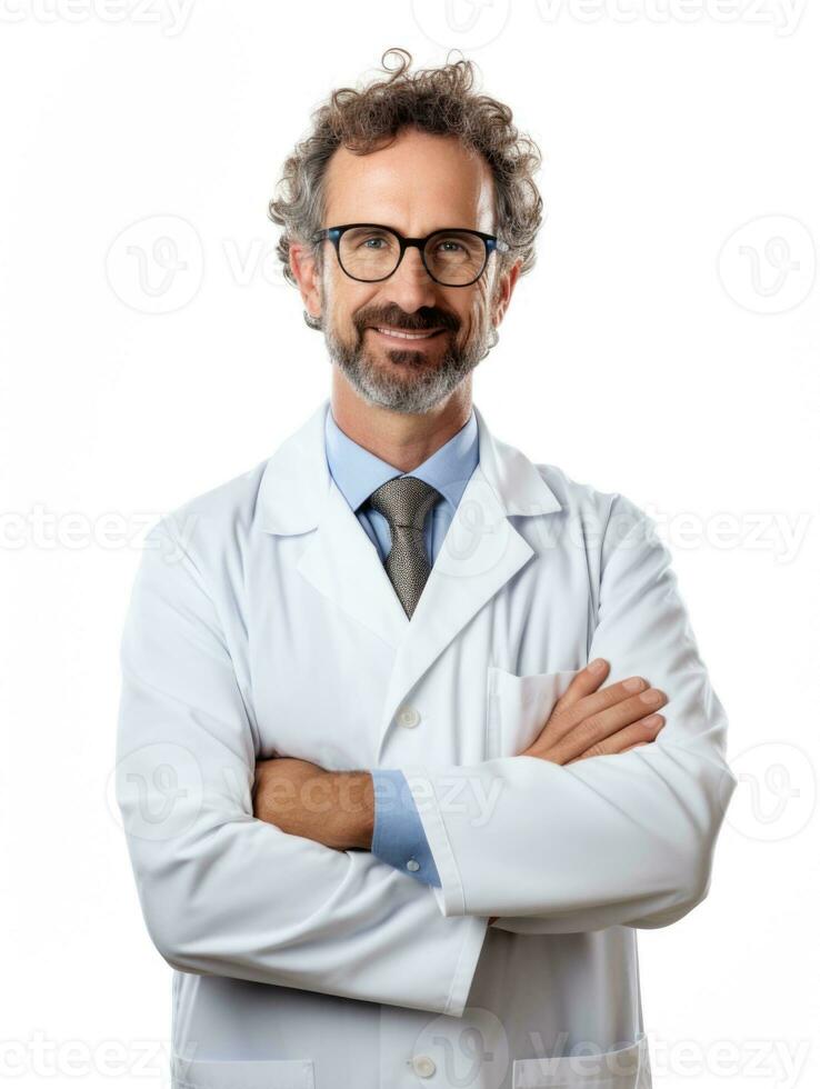 ai generado profesional farmacéutico en blanco antecedentes foto