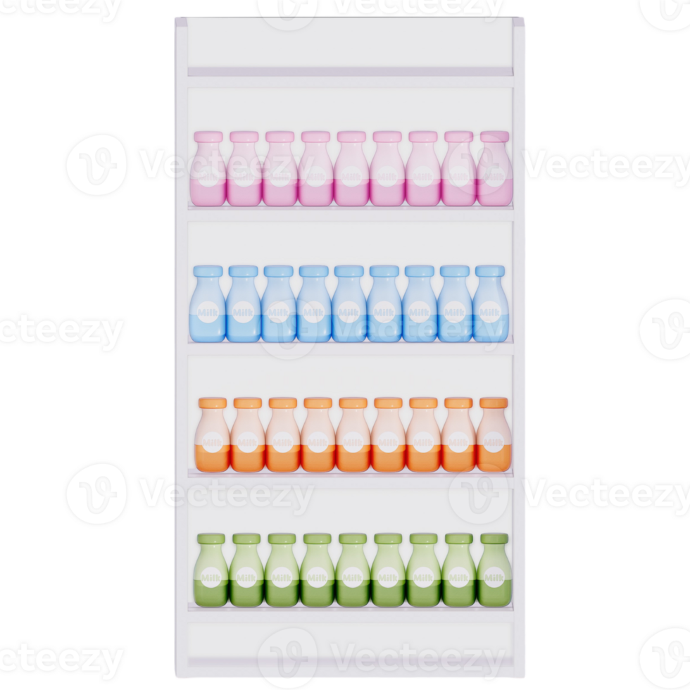 Groceries theme 3D milk product, Milk Shelves on a transparent background, 3D rendering png