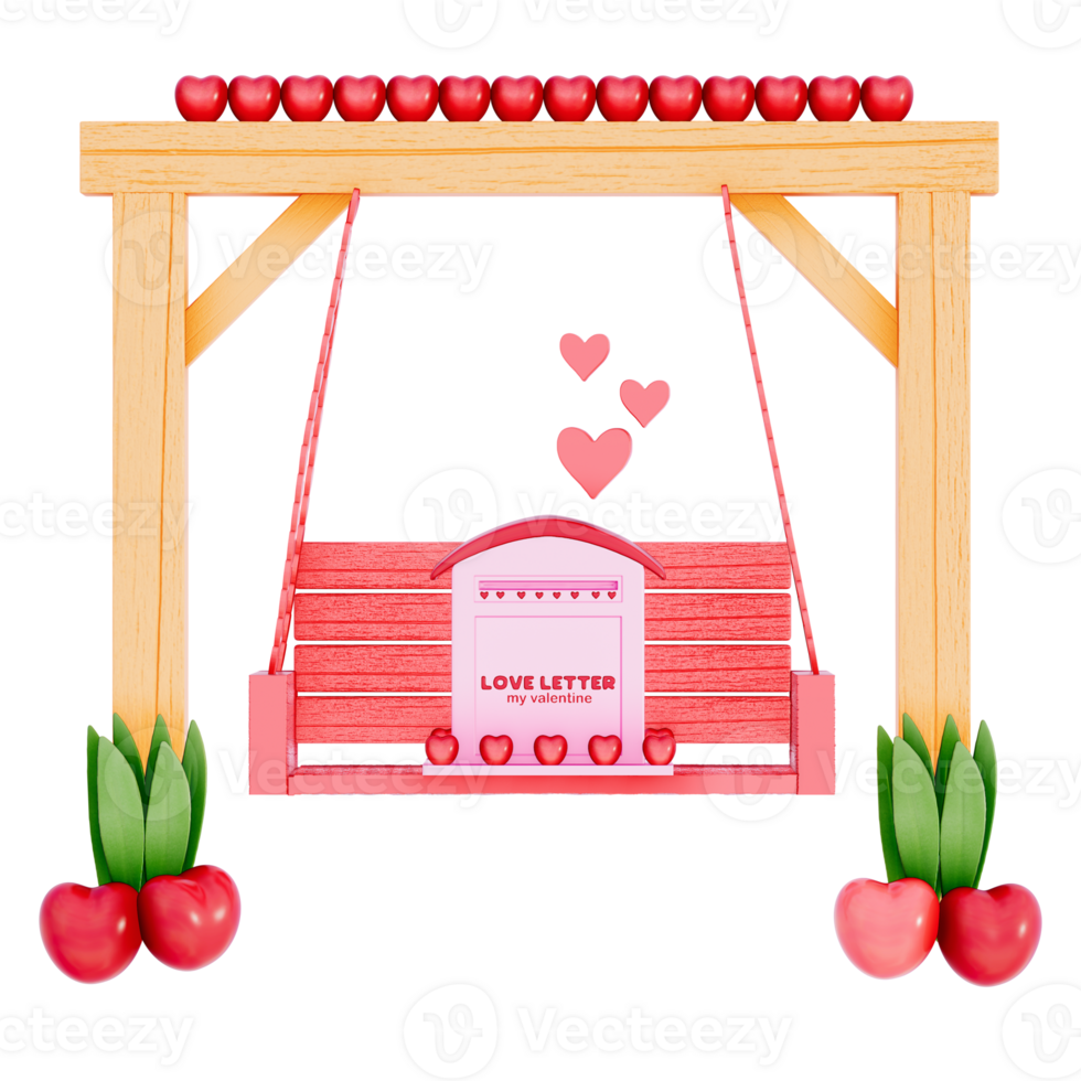 Valentine mailbox on Tiny Love Chair Swing on a transparent background, 3D rendering png