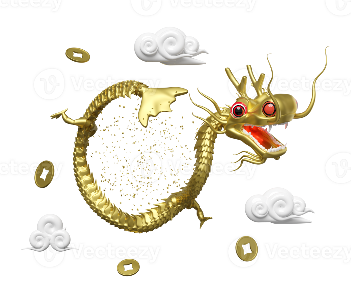 3d gold Chinese Dragon with cloud, coin. merry christmas and happy chinese new year, 3d render illustration png
