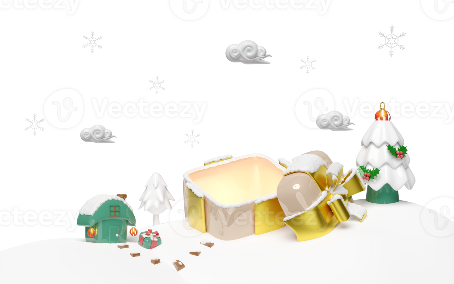 3d ouvert cadeau boîte vide avec maison sur neige colline, ornements verre, pin arbre, cadeau boîte, nuage, flocon de neige. joyeux Noël et content Nouveau année, 3d rendre illustration png