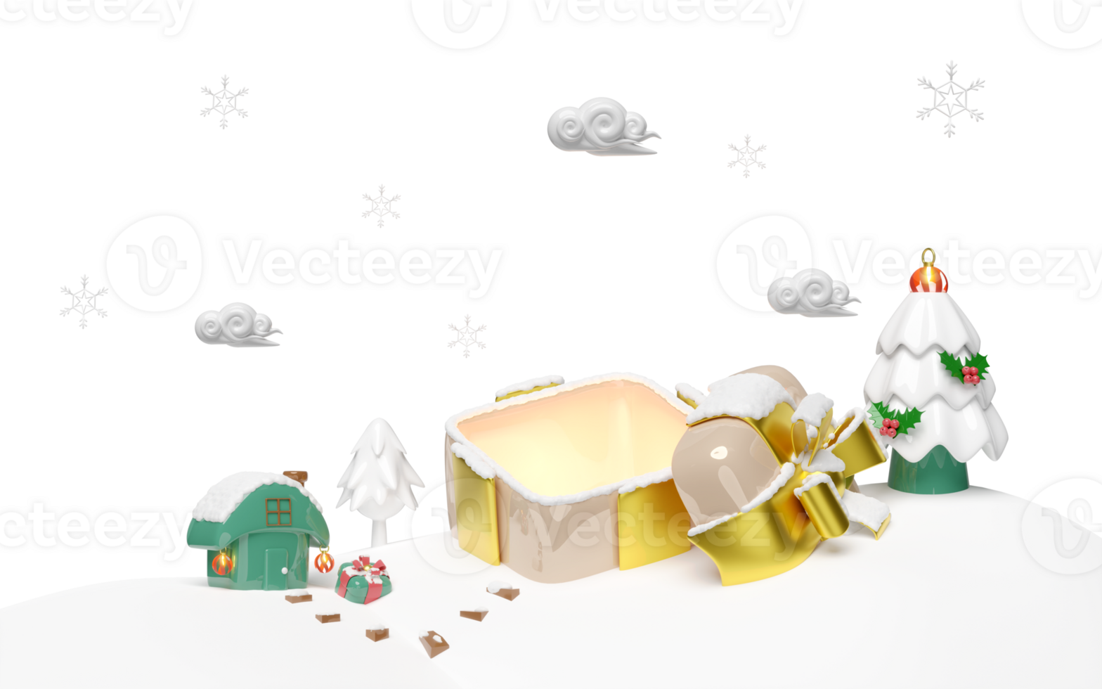 3d Open geschenk doos leeg met huis Aan sneeuw heuvel, ornamenten glas, pijnboom boom, geschenk doos, wolk, sneeuwvlok. vrolijk Kerstmis en gelukkig nieuw jaar, 3d geven illustratie png