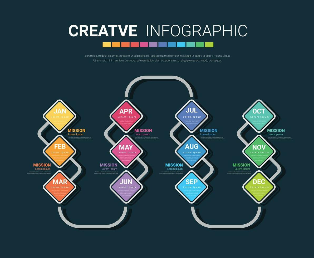 La plantilla de infografía empresarial de presentación durante 12 meses, 1 año, se puede utilizar para el concepto de negocio con 12 opciones, pasos o procesos. vector