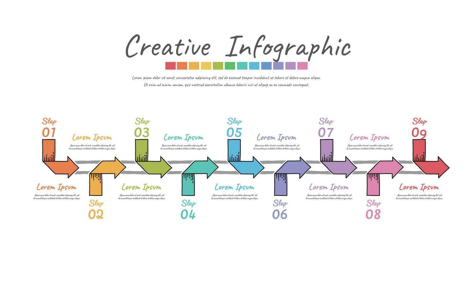 infografía garabatear diseño modelo con 9 9 opciones, lata ser usado para proceso diagrama, presentaciones, flujo de trabajo disposición, bandera, fluir cuadro, informacion grafico. vector