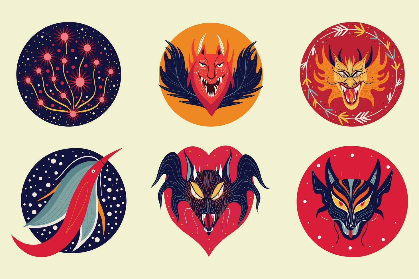 Asian Style Emblem Set with Dragons. Cartoon illustration vector