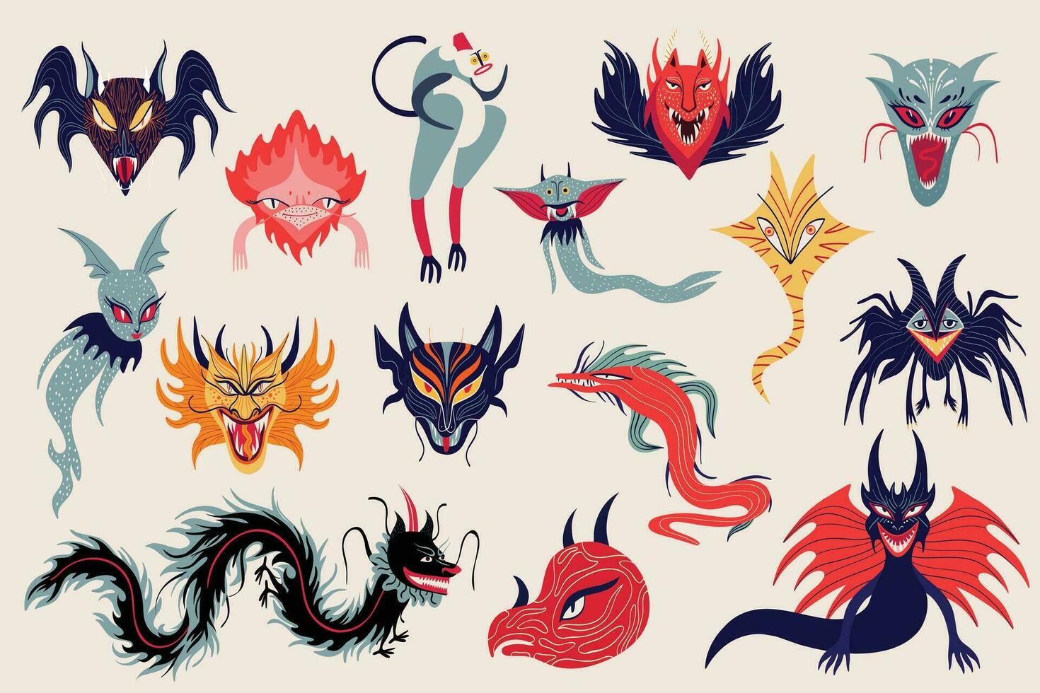 Set of illustrations with fantasy fantasy dragons in cartoon style vector