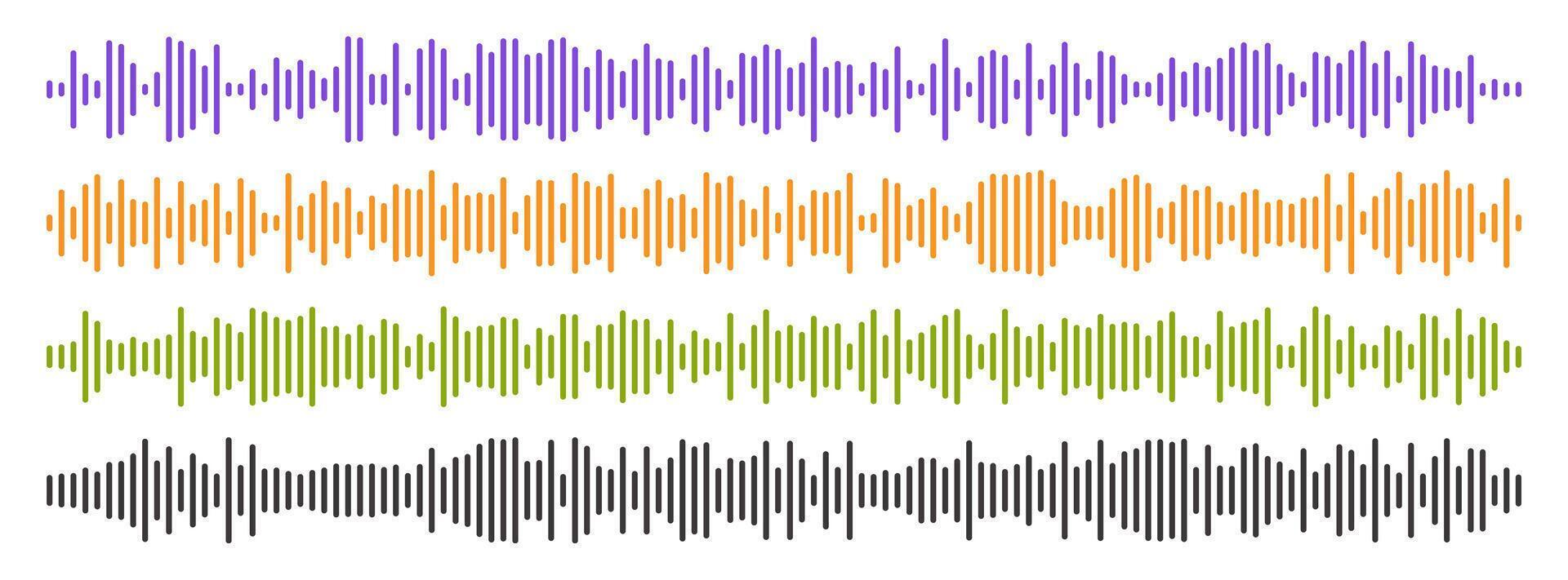 Set of four long sound waves of different intensities. Audio equalizer technology, pulse music. Audio player. illustration. vector