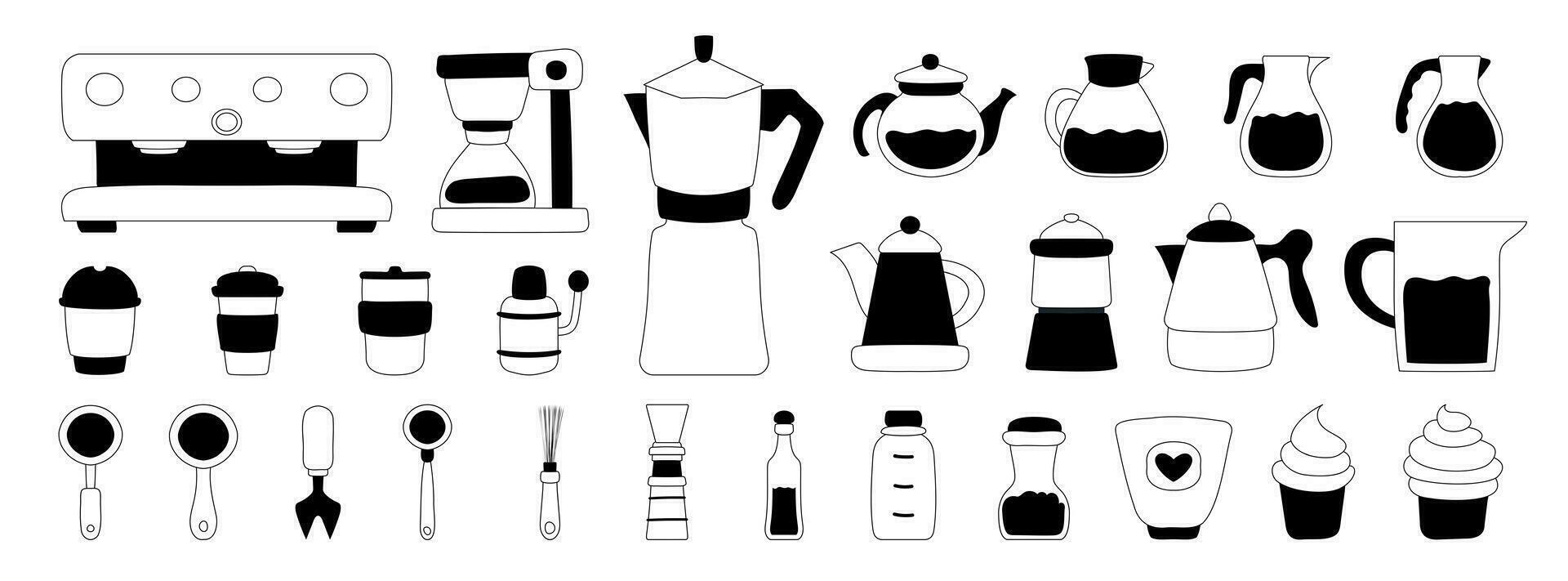 Set of black icons on white background for coffee shop and barista. Coffee machines, cups, paper cups, teapots with coffee, jugs with milk, cakes and chocolate, coffee and chocolate beans. vector