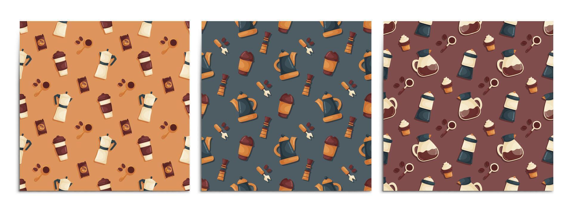 A set of seamless patterns with elements on the theme of brewing coffee. Teapots, coffee makers, desserts, coffee beans and barista tools. Cartoon style. vector