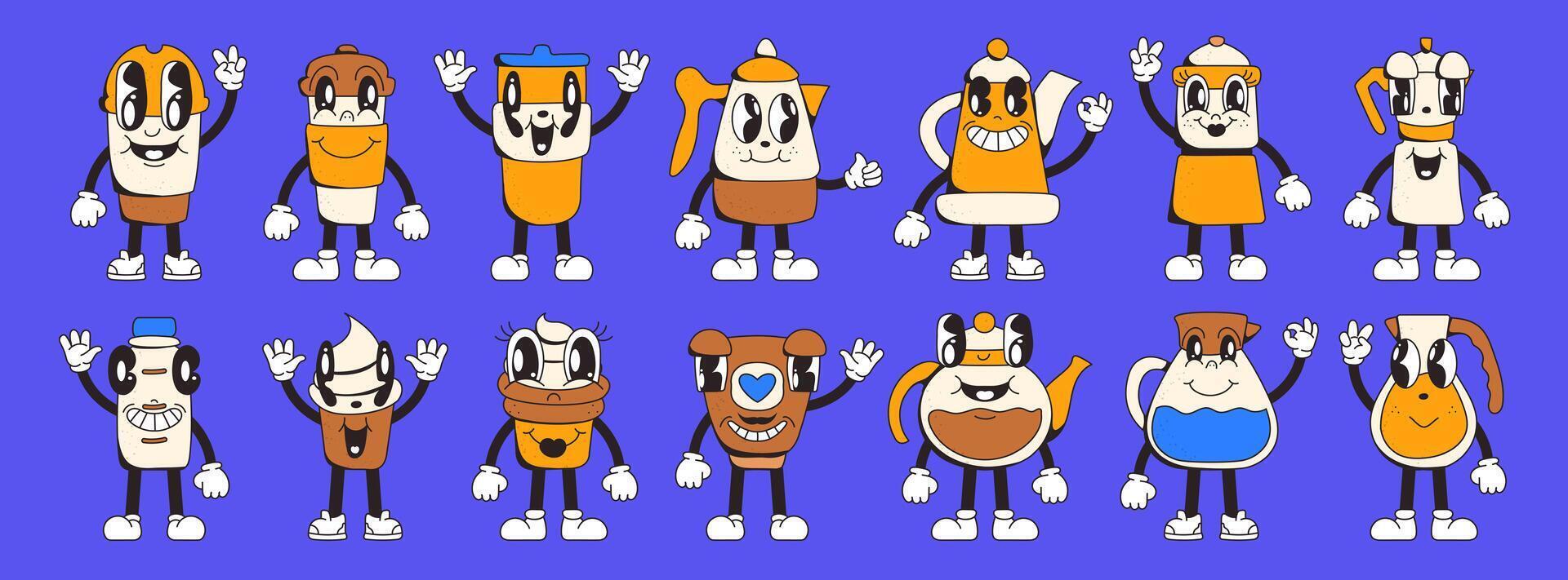 Set of cute characters for a coffee shop in retro cartoon style. Paper cups for hot drinks, coffee makers, cakes, teapots and glass jugs of coffee and drinks. vector
