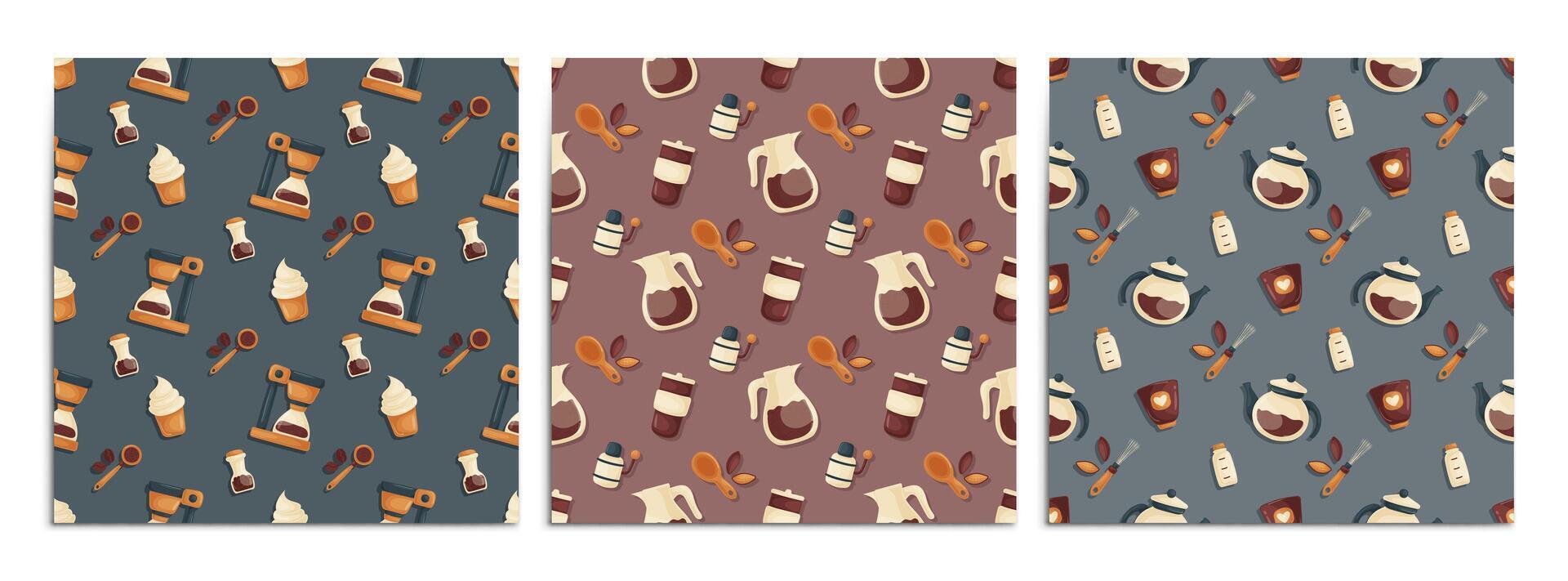 A set of seamless patterns with elements on the theme of brewing coffee. Teapots, coffee makers, desserts, coffee beans and barista tools. Cartoon style. vector
