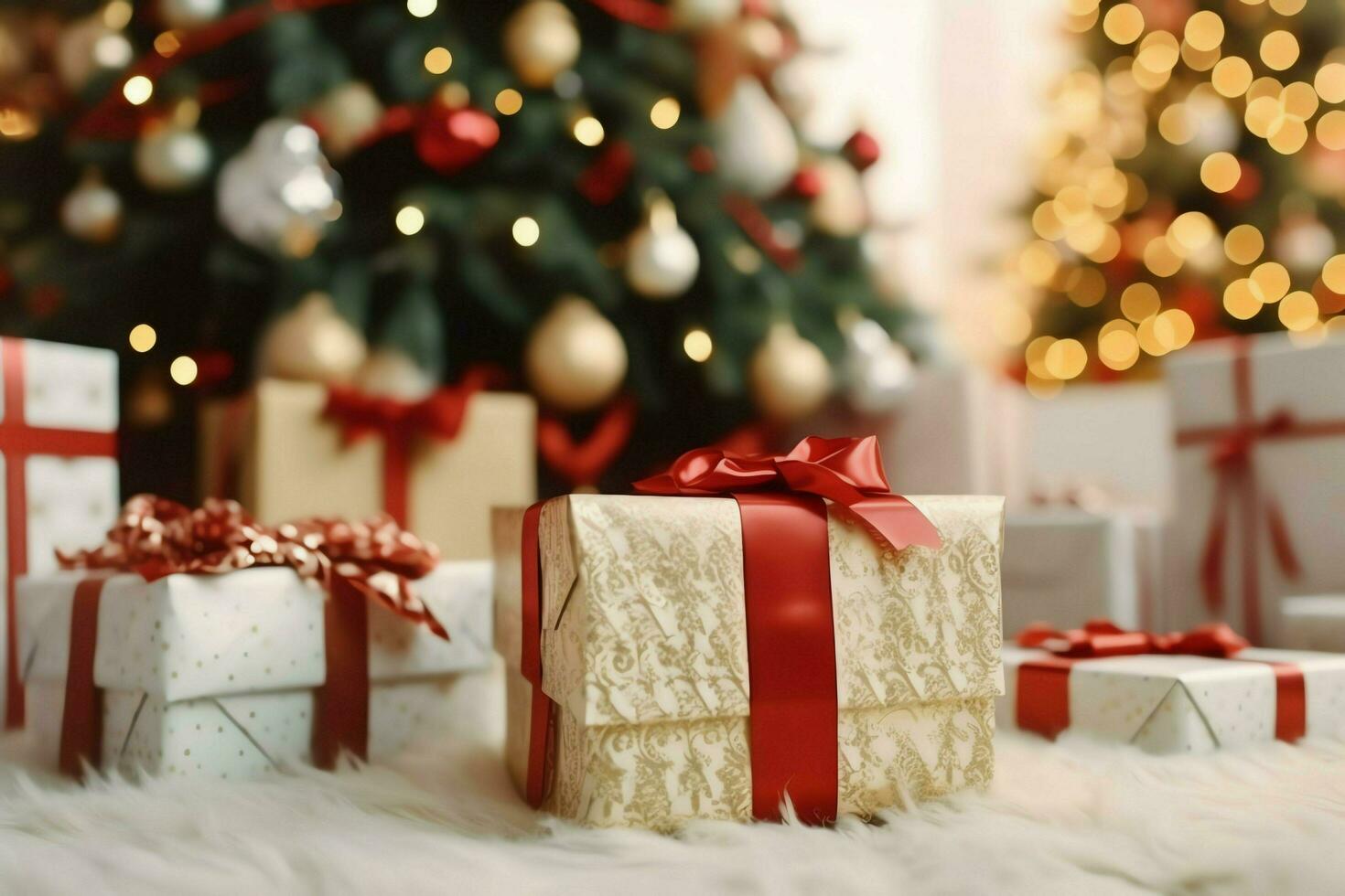 A christmas gift, xmas or present box objects on holiday mood background in winter. Merry christmas concept by AI Generated photo
