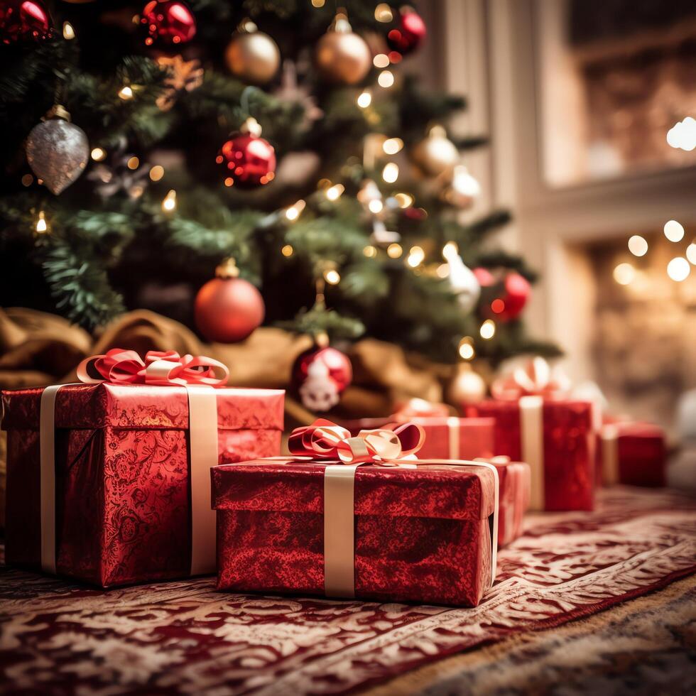 un Navidad regalo, Navidad o presente caja objetos en fiesta estado animico antecedentes en invierno. alegre Navidad concepto por ai generado foto