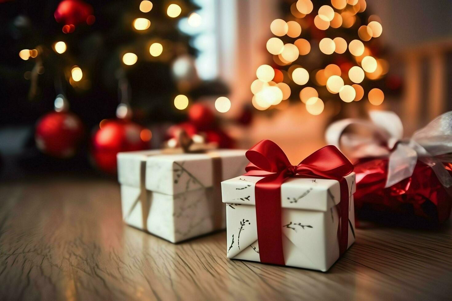 un Navidad regalo, Navidad o presente caja objetos en fiesta estado animico antecedentes en invierno. alegre Navidad concepto por ai generado foto