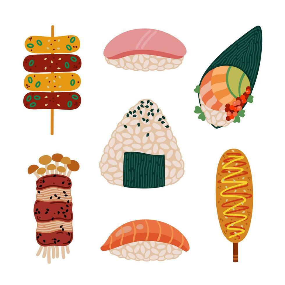 asiático rápido comida vector colocar. sabroso japonés y coreano meriendas - onigiri, Sushi, temaki, tteokbokki, tocino envuelto enoki, maíz perro. picante aperitivos con mariscos, salmón, nori plano dibujos animados clipart