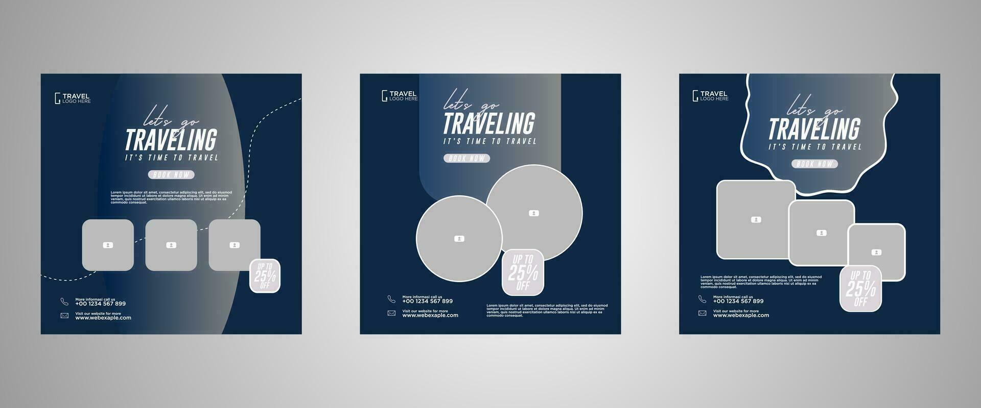 Holiday travel, traveling or summer beach travelling social media post or web banner template design. Tourism business marketing flyer or poster with abstract digital background, logo and icon. vector