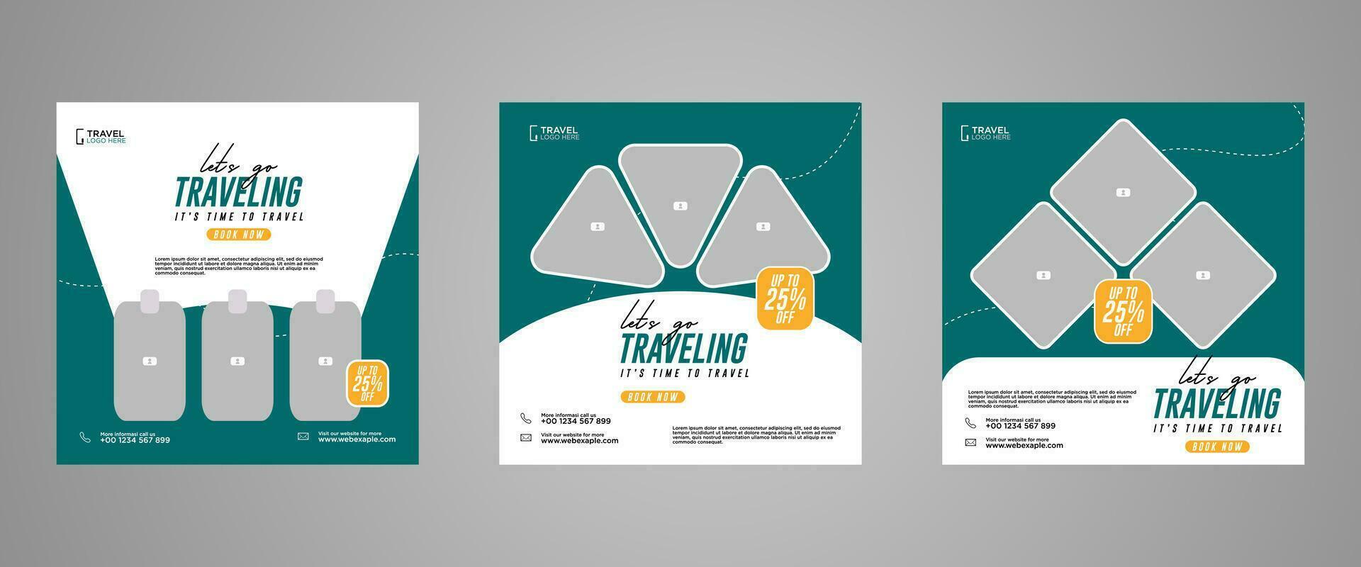 Holiday travel, traveling or summer beach travelling social media post or web banner template design. Tourism business marketing flyer or poster with abstract digital background, logo and icon. vector