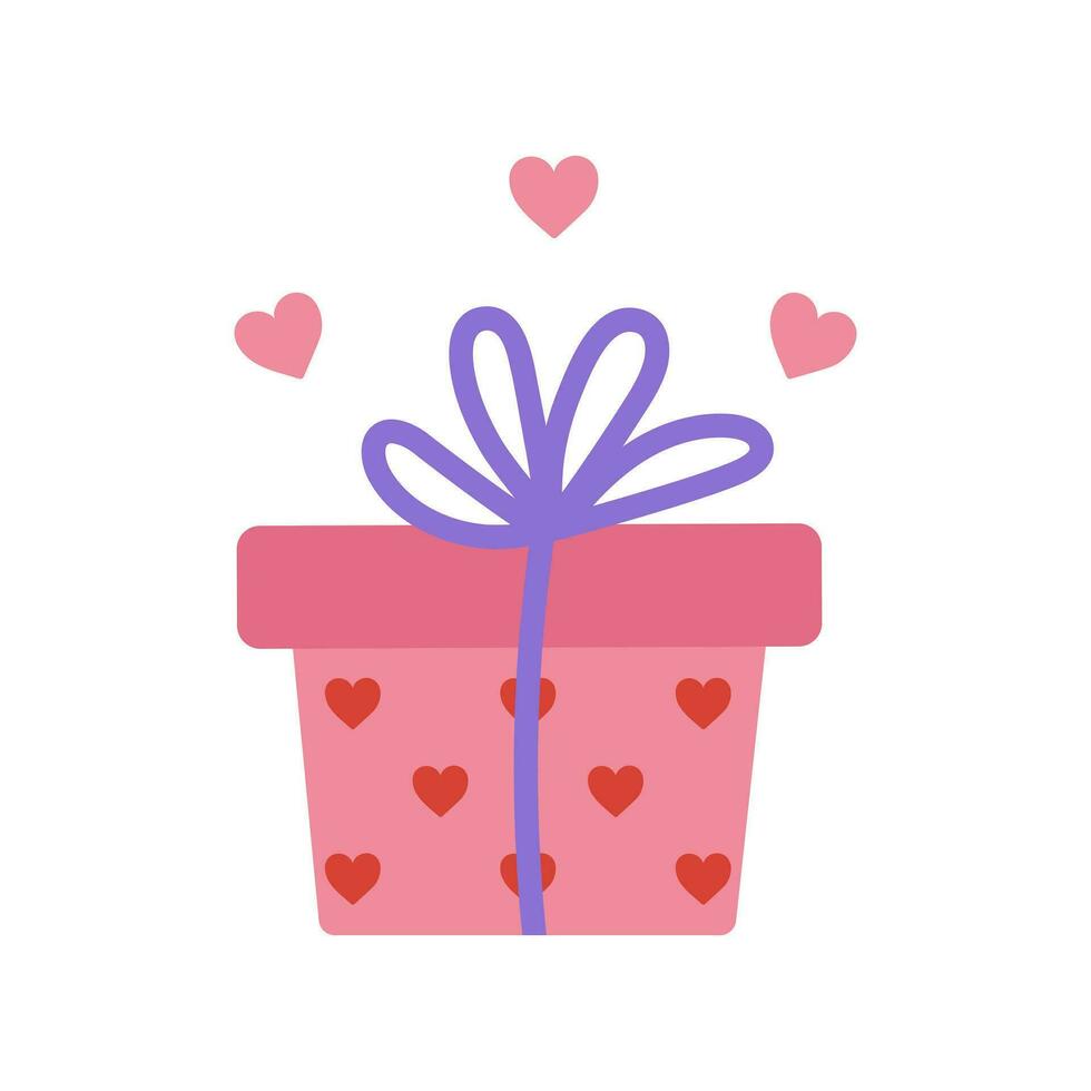 Gift box vector icon. Cute pink container with hearts, bow, holiday ribbon. Surprise for Valentines Day, wedding, date. Bright illustration isolated on white. Flat cartoon clipart for cards, print