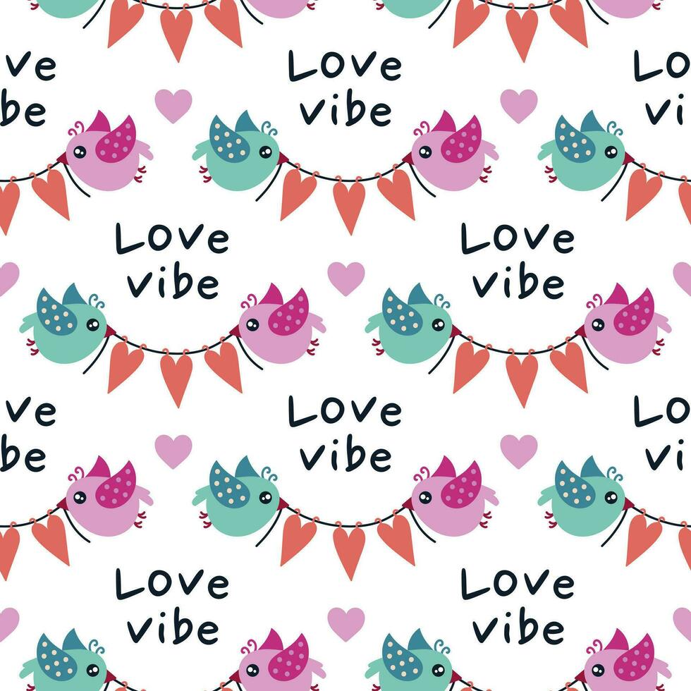 A couple of cute birds are holding a garland with hearts in their beaks. Happy Valentines Day, love vibe seamless vector pattern. Illustration for wedding, date. Flat cartoon background for print, web