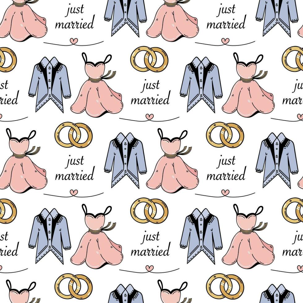Just married seamless vector pattern. Symbols of the wedding ceremony - engagement rings, a dress for the bride, a suit for the groom, cute pink hearts. Flat cartoon background for cards, invitations