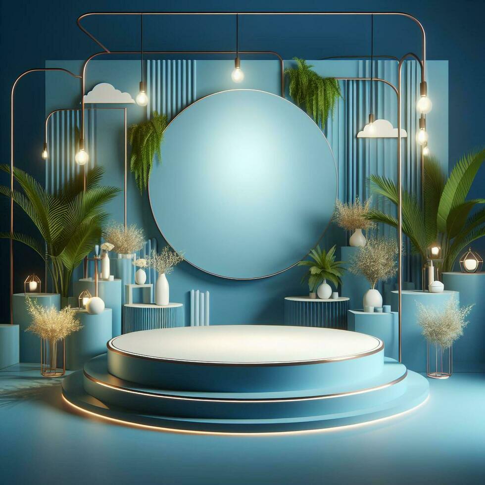 AI generated Round Podium For Product Advertising Stand Exhibition with Blue Background with Foliage photo