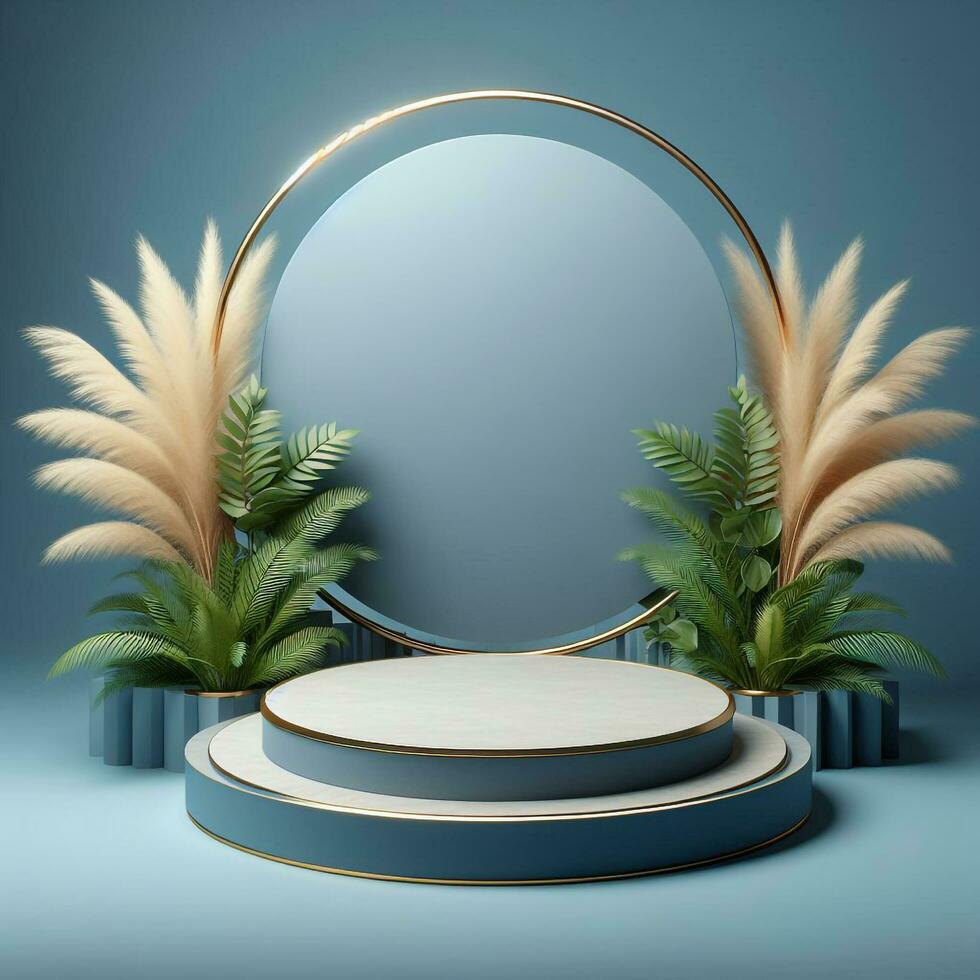 AI generated Round Podium For Product Advertising Stand Exhibition with Blue Background with Foliage photo
