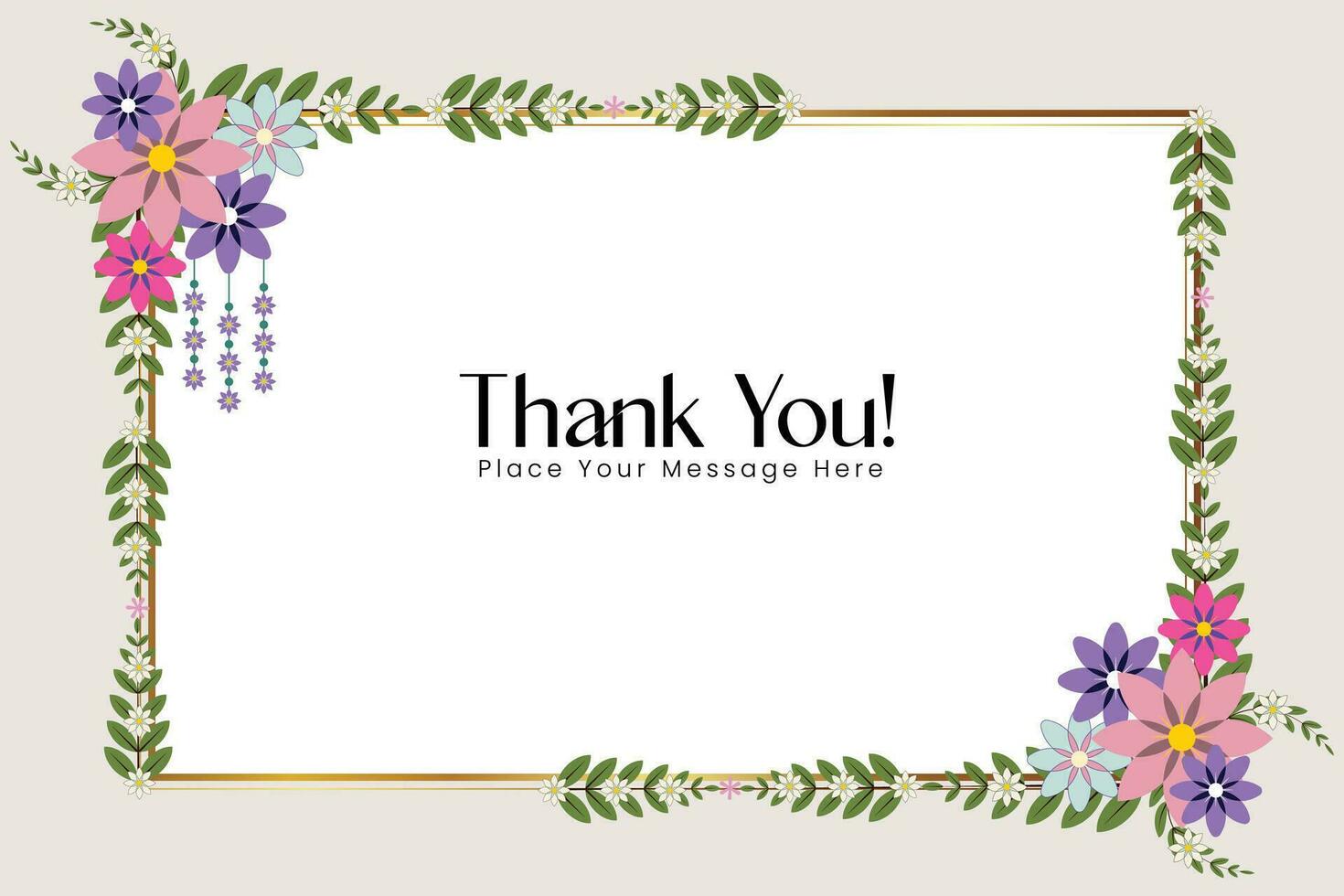 Thank you card with flowers and green leave with vector illustration.