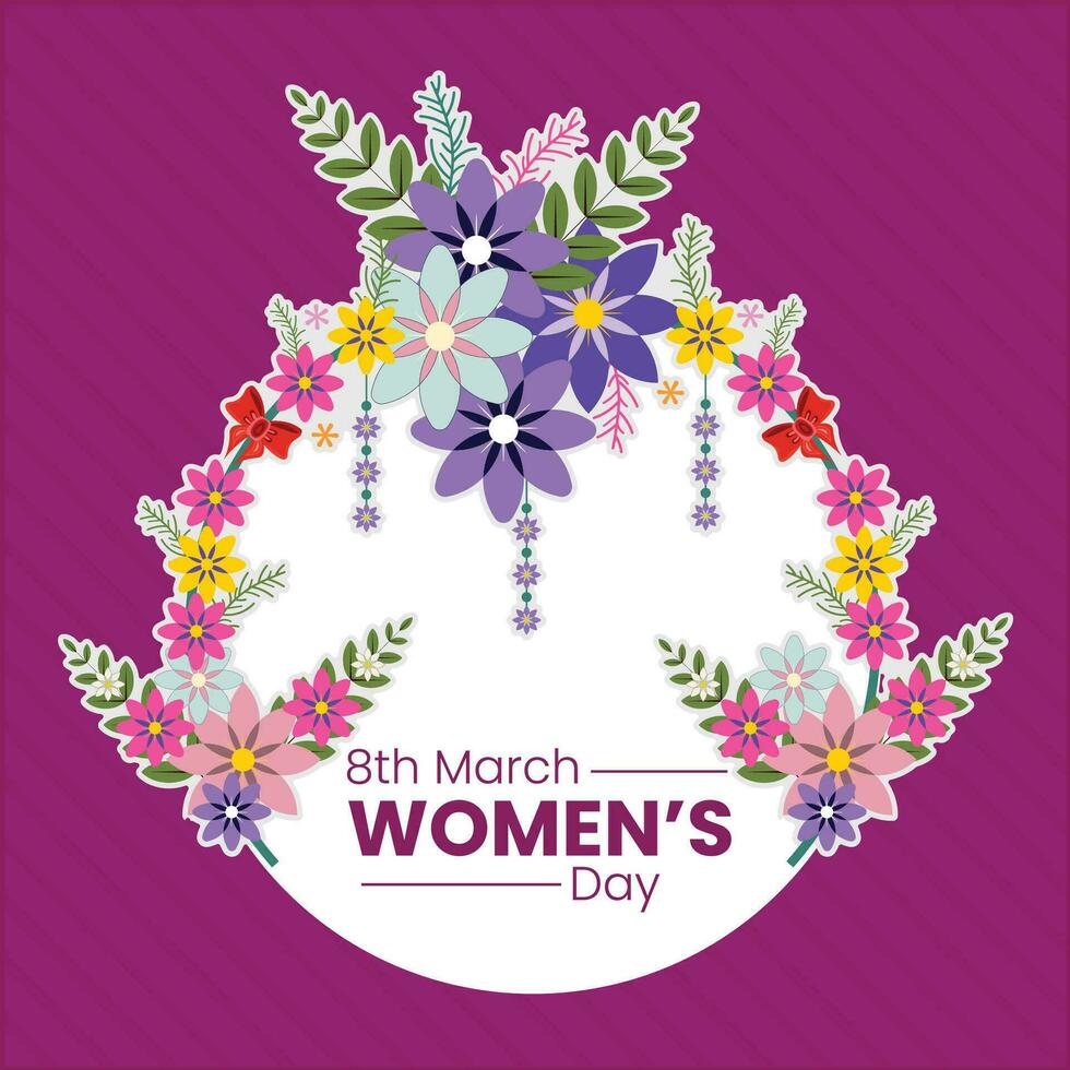 Happy women's day greeting card. Postcard on March 8. Text with flowers, vector design.