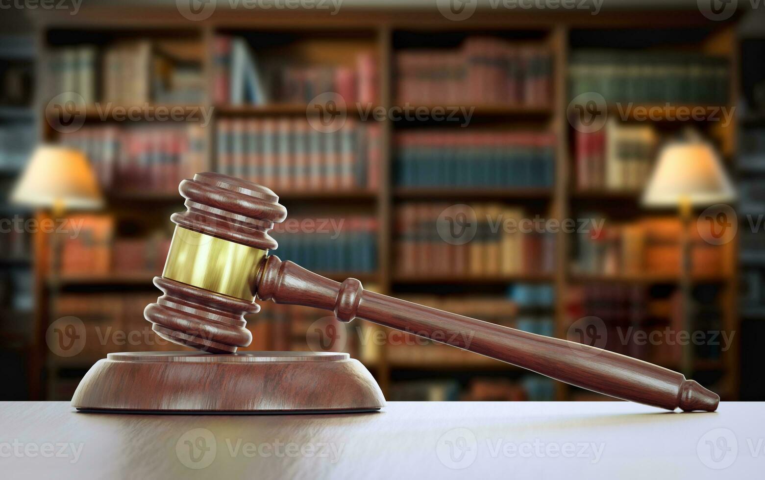 Gavel Resting on a Table Inside a Law Office with Bookshelf of Law Books in the Background. photo