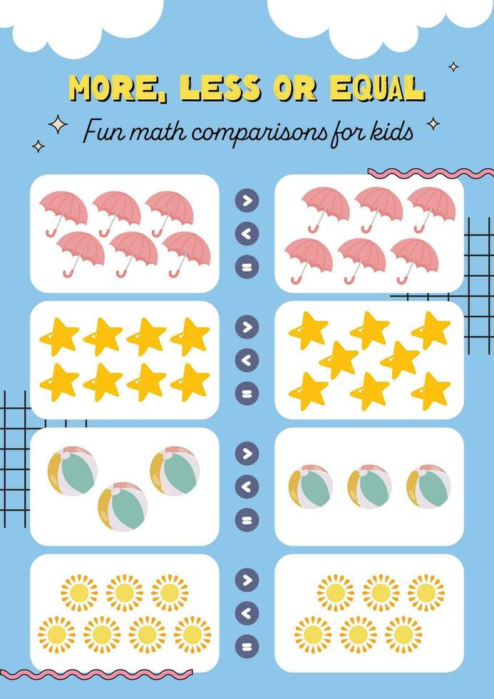 flat design vector more less equal worksheet printable for kids education
