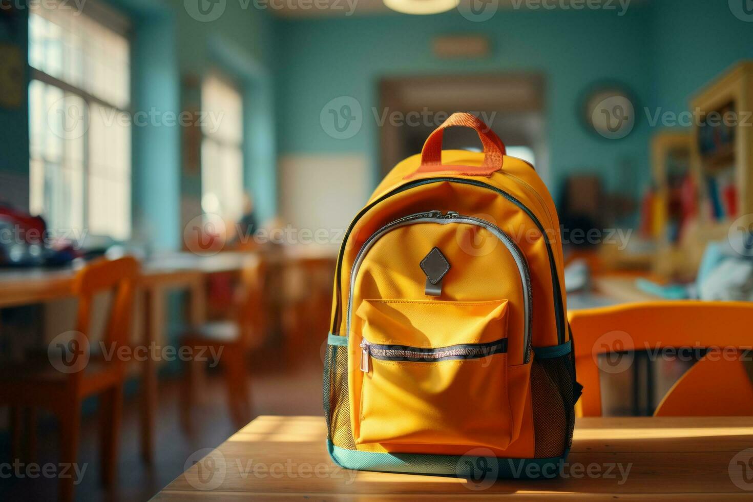 AI generated Yellow Bookbag with Blurry Classroom Background photo
