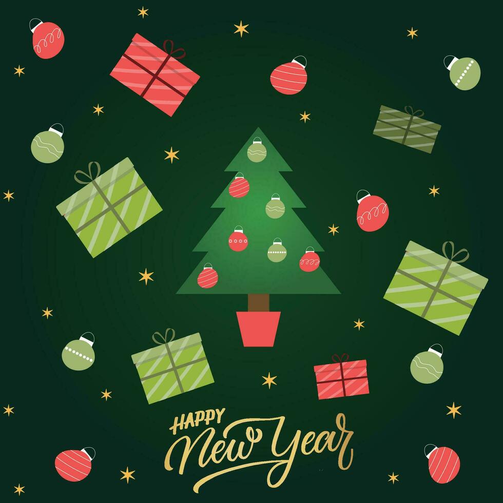 christmas tree and gifts on green background vector