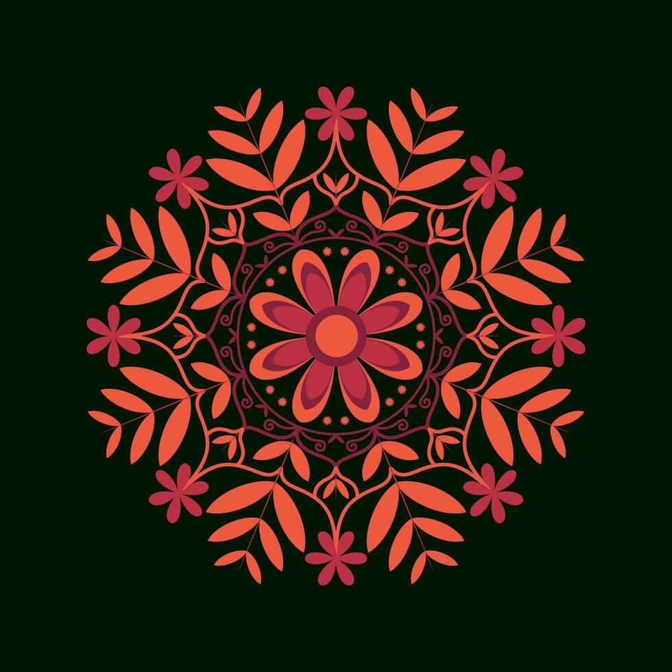 Colorful leaf and floral mandala art in circle on the black background. vector