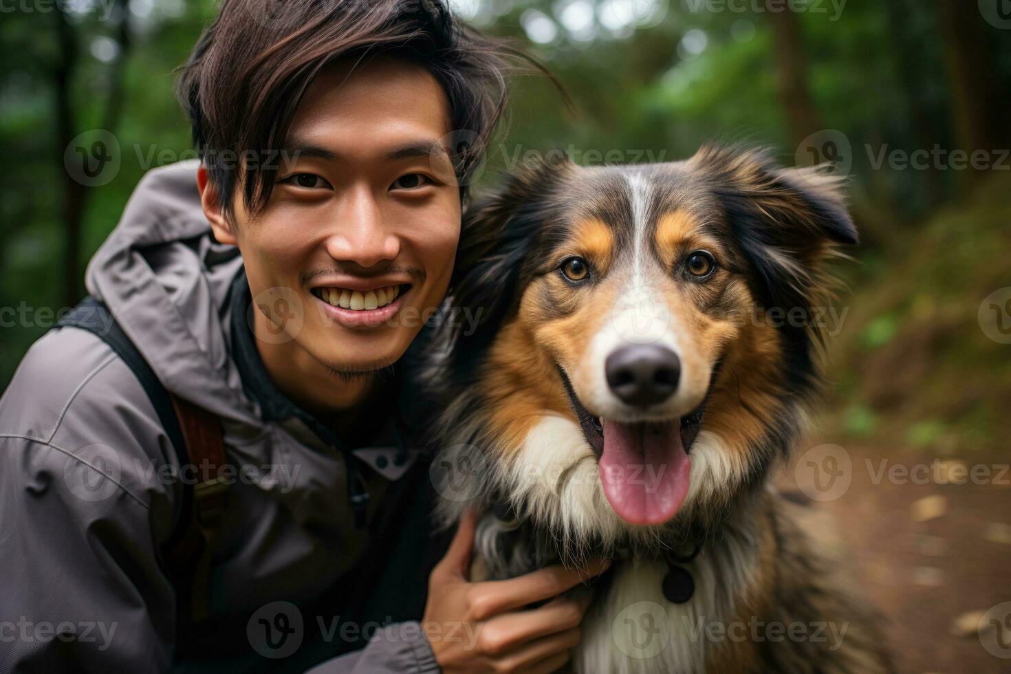 AI generated Trail runner and his beloved dog. Generative AI photo