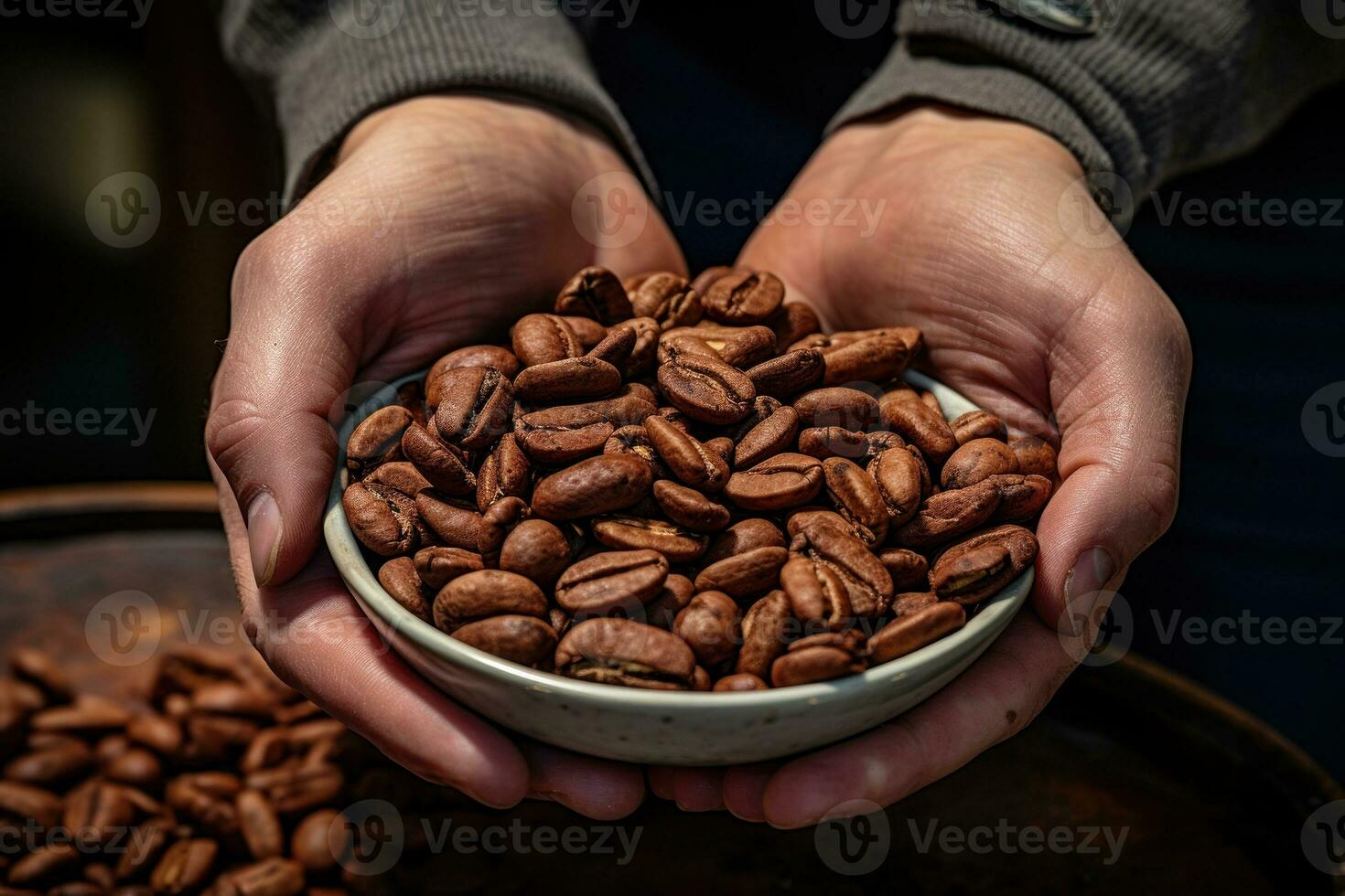 AI generated Hands holding roasted coffee beans. Generative AI photo