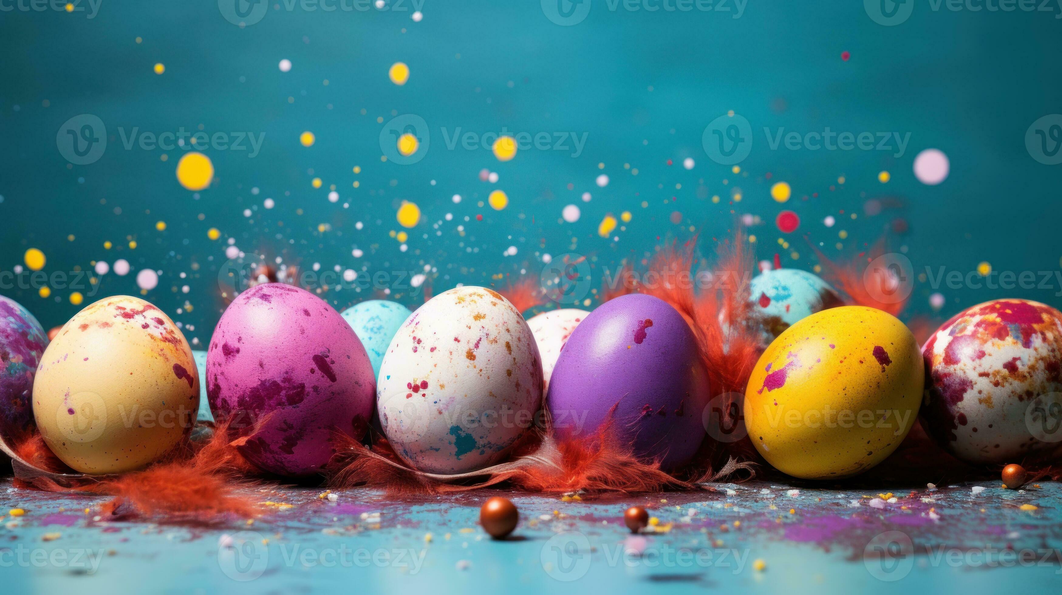 AI generated Colorful Easter eggs with paint splatter. Generative AI